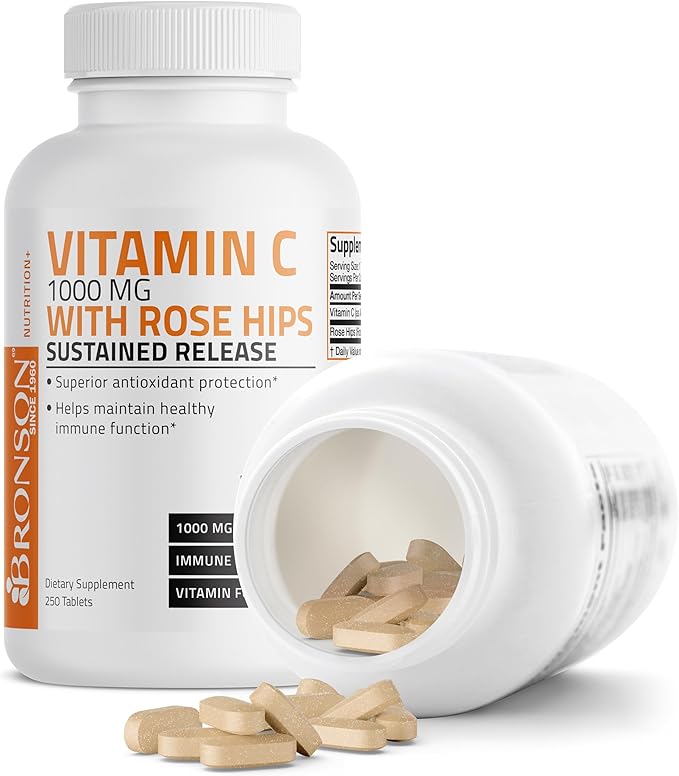 Bronson Vitamin C 1000 mg with Rose HIPS Sustained Release, 250 Tablets