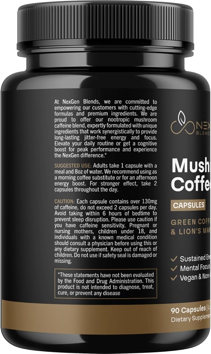 100% Organic Mushroom Coffee Capsules - Natural Energy Supplement with 130mg Caffeine from Clinically Proven Patented Green Coffee Bean & Guayusa Extracts for Jitter-Free Energy & Focus (90 Servings)