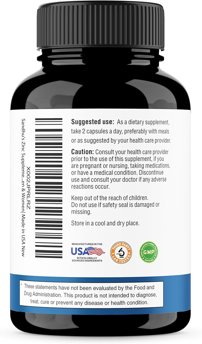 Sandhu's Zinc Supplement with Ionophores| Quercetin & Green Tea Extract for Superior Absorption and High Potency| 800mg Vegetarian Capsules 30 Days Supply| Immune Support for Men & Women