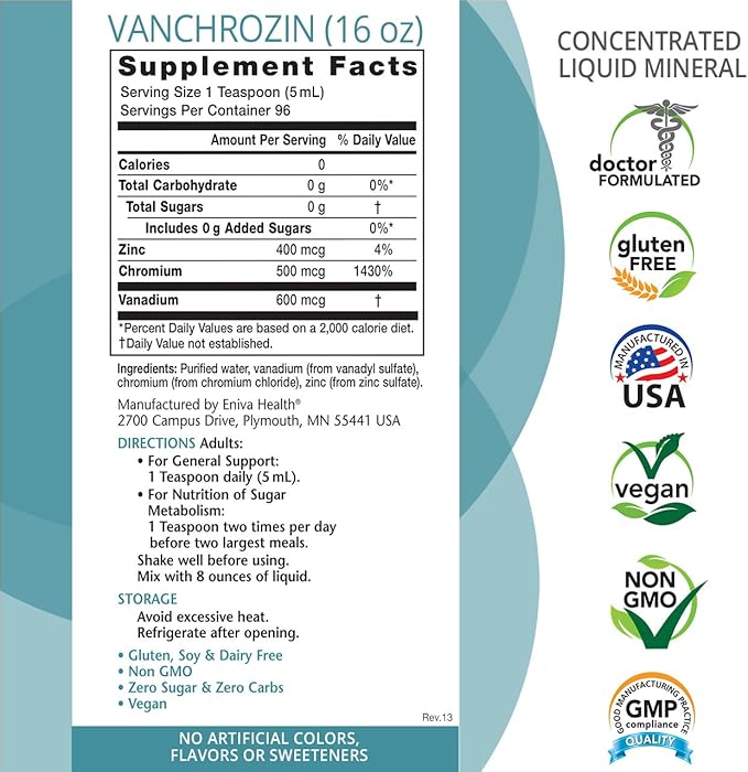 Eniva Health VANCHROZIN Liquid Ionic Minerals Supplement, Vanadium, Chromium & Zinc, Diabetic Friendly, 16 Fl Oz, 96 Servings
