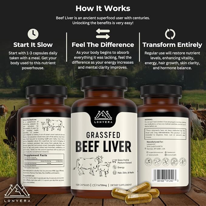 Grass Fed Beef Liver Capsules | Dessicated Liver Supplement | Freeze Dried Liver Pills | 30 Servings | 3000 mg | 120 Count
