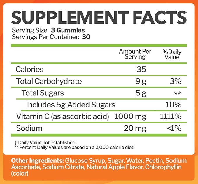 Vitamin C Gummies 1000mg for Adults & Kids - Maximum Strength Chewable Immune Support, Collagen Support - Sour Green Apple Flavor - Gluten Free, Non-GMO, Vegetarian - 90 Gummies (30 Servings)