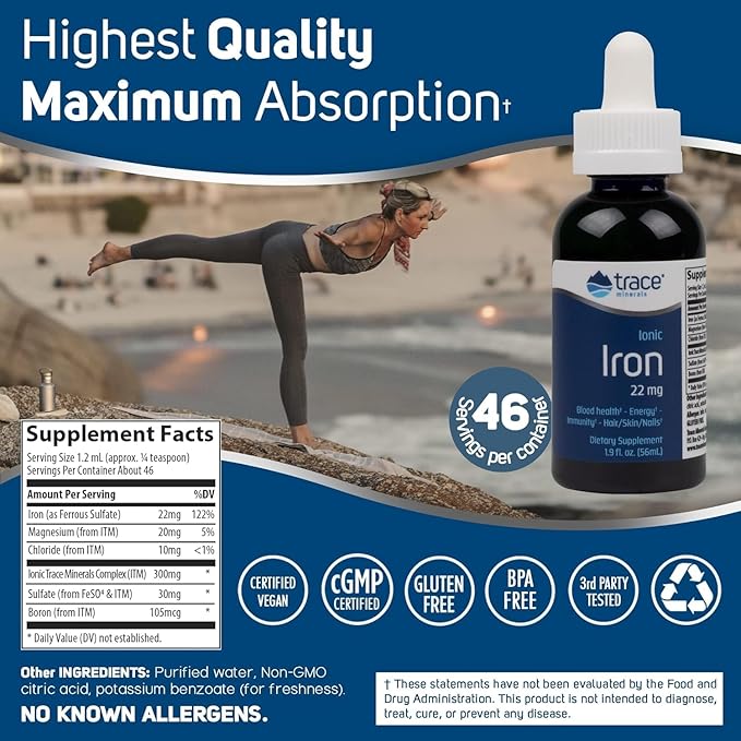 Trace Minerals Ionic Iron, 22mg - Energy Support Supplement with Magnesium & Iron - Aid Brain Health & Immune System Function - Gluten-Free Liquid Supplement - 1.9 fl oz (2 Pack) (92 Servings)