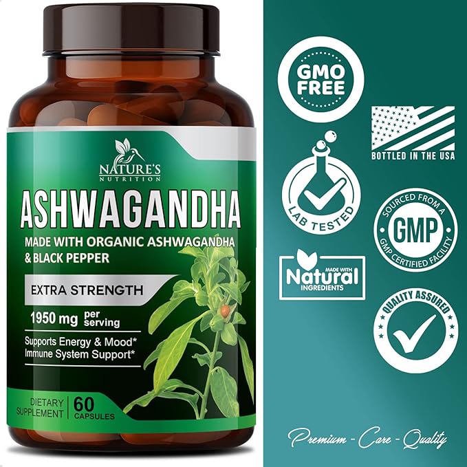 Organic Ashwagandha 1,950 mg - Extra Strength Unwind, Calm & Relax Support with BioPerine - Natural Focus & Energy Support Supplement - Nature's Non-GMO, Vegan, Gluten Free - 60 Capsules
