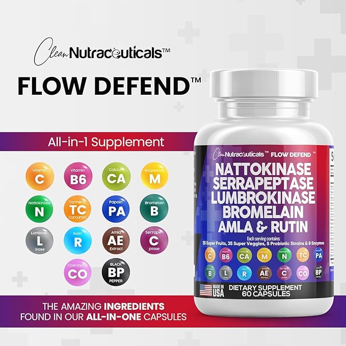 Clean Nutraceuticals Nattokinase 4000 FU Serrapeptase 120000 SPU Lumbrokinase Enzyme Supplement with Bromelain Papain Papaya Enzymes Rutin Extract Amla Magnesium Vitamin B6 & VIT C Capsules - 5Pack