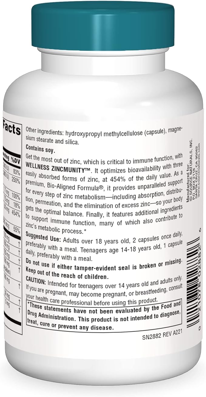 Source Naturals Wellness ZincMunity, Supports Zinc Absorbtion, Metabolism, and Utlization for Immune Health*, 50 mg Zinc - 120 Vegetarian Capsules