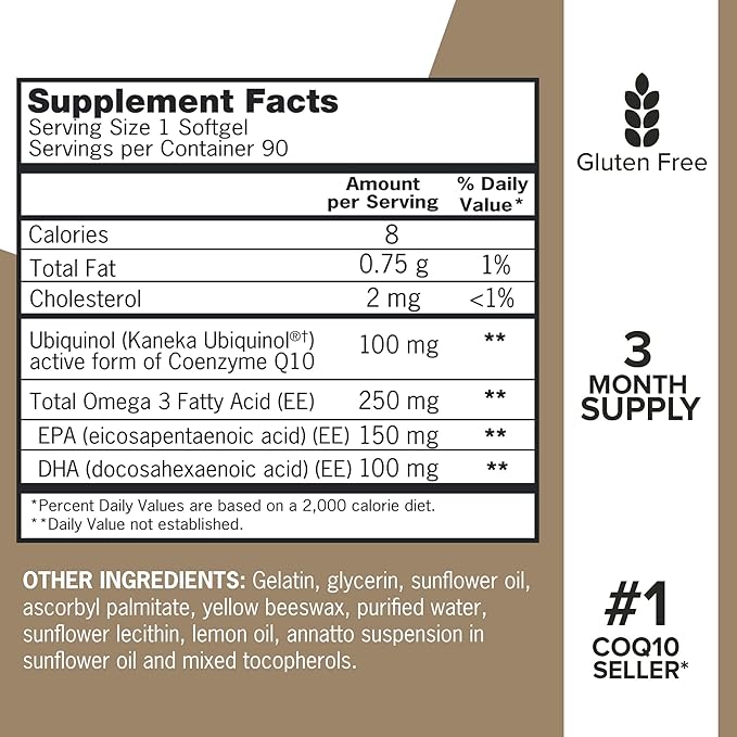 Qunol Plus Ubiquinol with Omega-3 Fish Oil - Antioxidant Supplement for Heart Health and Energy Production, Active Form of CoQ10, 90 Count