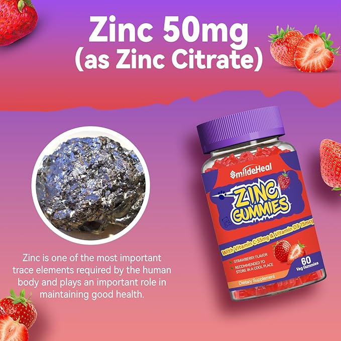 Zinc Gummies, Zinc 50mg, Zinc Citrate, with Vitamin C, Vitamin D3, Non-GMOs, Gluten Free, Strawberry Flavor Gummies, 60 Count