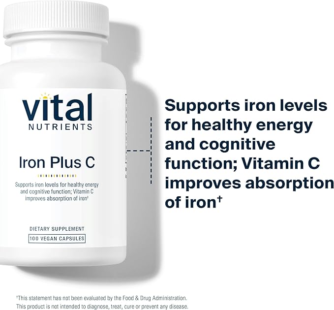 Vital Nutrients Iron Plus C | Vegan Iron Supplement | 20mg Iron with 200mg Vitamin C to Increase Iron and Energy Levels | Gluten, Dairy, Soy Free | Non-GMO | 100 Capsules