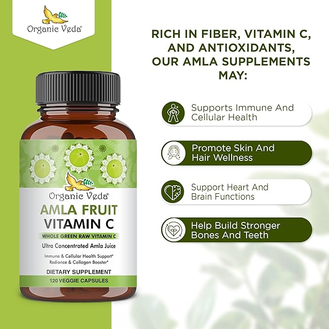 Organic Veda Amla Fruit Capsules, 20 X Concentrated Amla Berry Juice Extract Natural Vitamin C Supplement - Potent Antioxidants, Immunity, Skin Radiance - Vegan Vitamin C Amla Powder Capsule 120