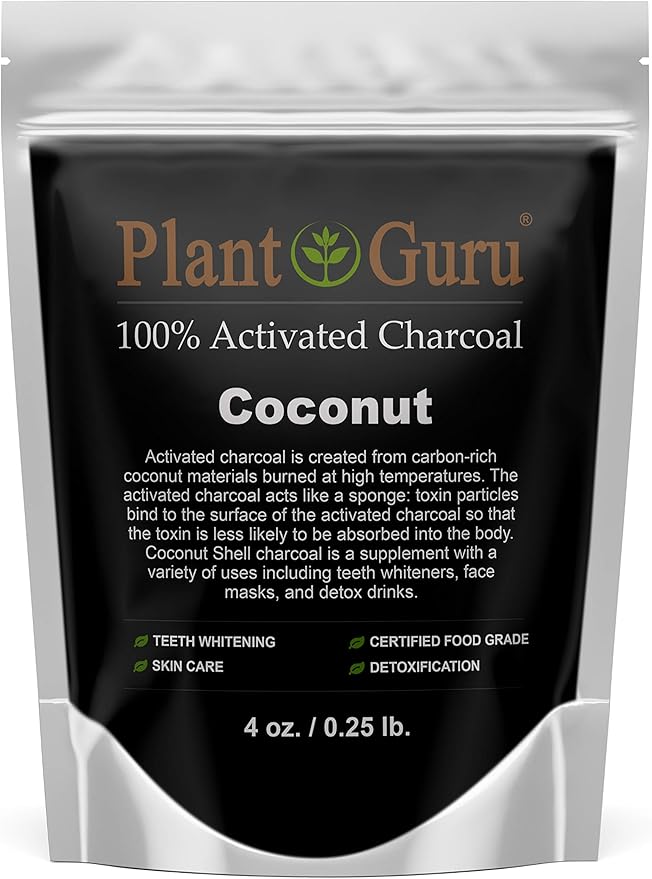 Plant Guru Activated Charcoal Powder 4 oz. COCONUT - Food Grade Kosher Non-GMO - Teeth Whitening, Facial Mask and Soap Making. Promotes Natural Detoxification and Helps Digestion
