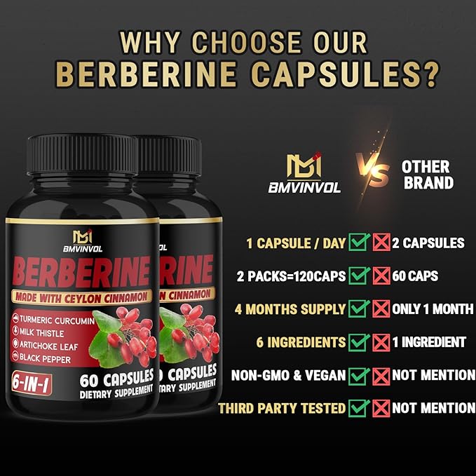 (2 Packs) Berberine Supplement Plus Ceylon Cinnamon, Turmeric, Artichoke, Milk Thistle, Black Pepper - 120 Capsules - 4 Months Supply