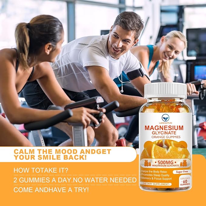 Magnesium Glycinate 500mg Gummies with 100mg Magnesium L-Threonate for Adult Kids,Magnesium Gummies Sugar Free Magnesium Potassium Supplement with Vitamin D,B6,CoQ10 (60 Pack, Orange)