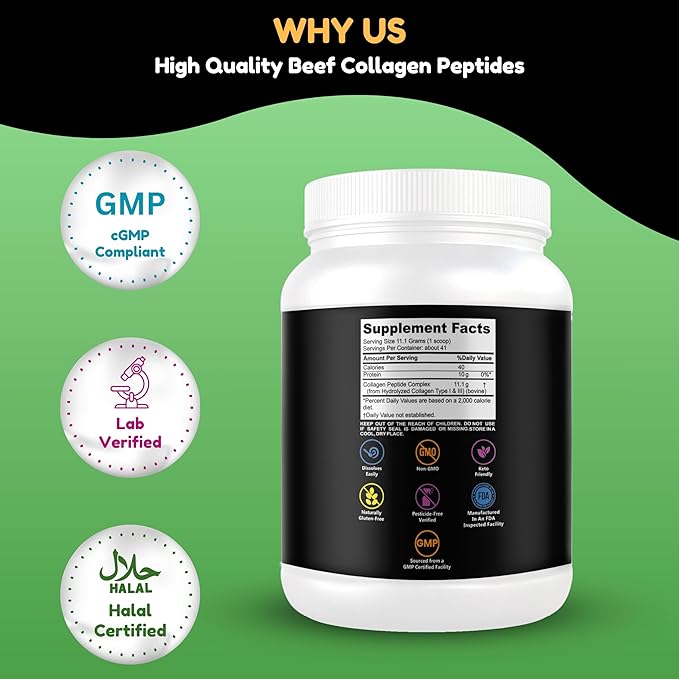 Halal & Grass Fed Collagen Peptides Powder 1 lb. 16oz Unflavored Hydrolyzed Collagen Peptides Powder Type I & Type III for Hair, Skin, Nails & Joints | Keto & Paleo Friendly | Sugar & Gluten Free