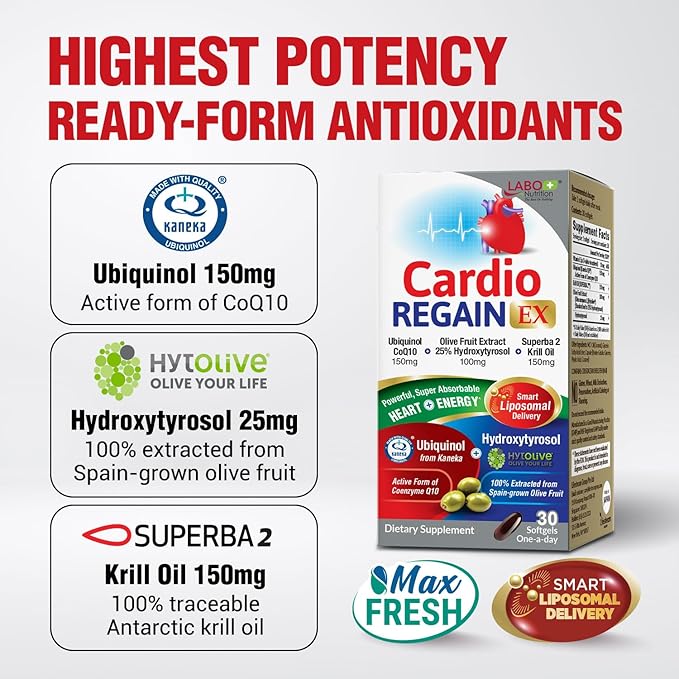 LABO Nutrition CardioREGAIN EX – Ubiquinol CoQ10 Supplement with Kaneka QH 150mg, Olive Fruit Extract (25% Hydroxytyrosol), Krill Oil – Heart, Cellular Energy, Liposomal Absorption, Non-GMO, Soy-Free