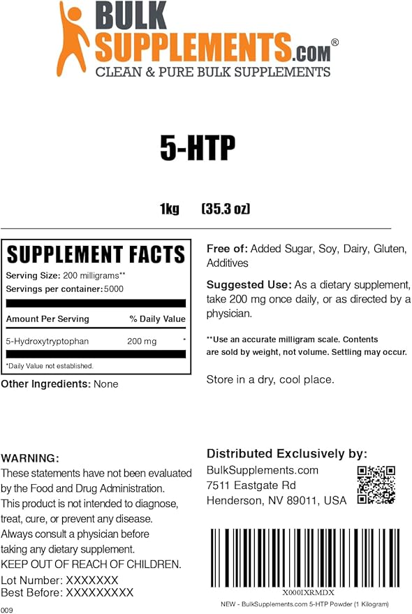 BulkSupplements.com 5-HTP Powder - 5-Hydroxytryptophan, 5 HTP Supplement - 5-HTP 200mg, Mood Support Supplement - Gluten Free, 200mg per Serving, 1kg (2.2 lbs) (Pack of 1)