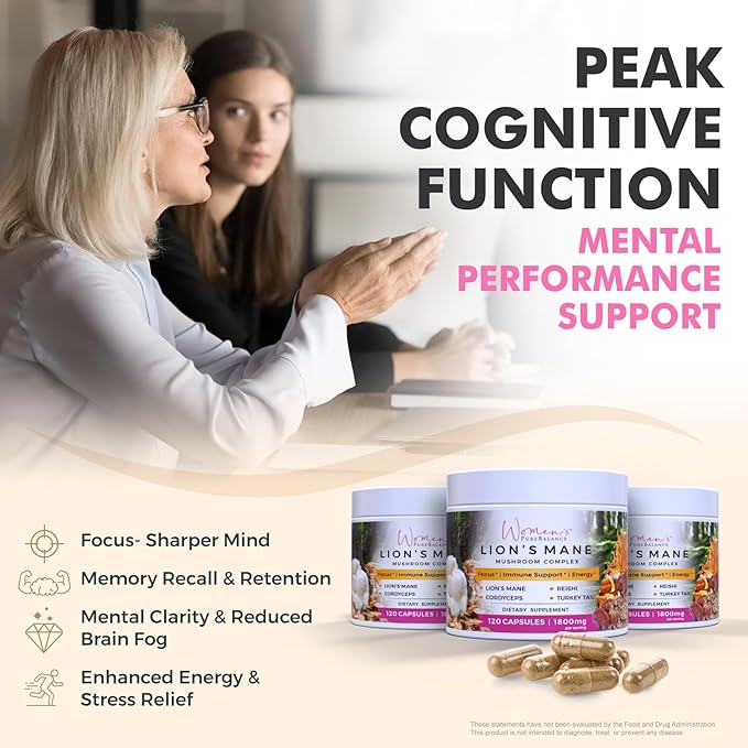 Women's PureBalance Lion's Mane Mushroom Supplement Capsules with Reishi, Cordyceps, Turkey Tail – Brain Nootropic for Memory, Focus, Natural Energy, & Immune Support, Non-GMO (120 Capsules)
