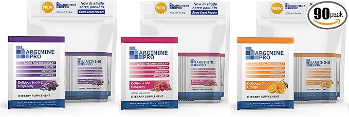 L-ARGININE PRO Supplement Powder | 90 Packets Single Serve Travel Size | 5,500mg of L-arginine Plus 1,100mg L-Citrulline, Raspberry, Orange & Grape
