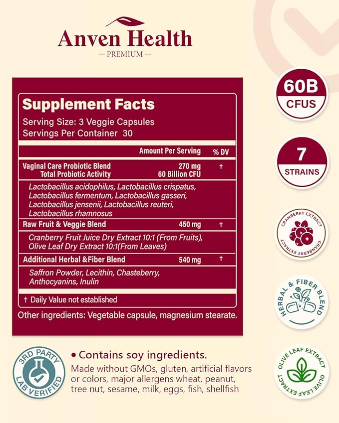 Vaginal Probiotics for Women - 60 Billion CFU for pH Balance, Vaginal Flora, Odor, Yeast & Digestive Health, Vegan & Non-GMO with Saffron, Lecithin, Cranberry, Olive Leaf | 270 Capsules
