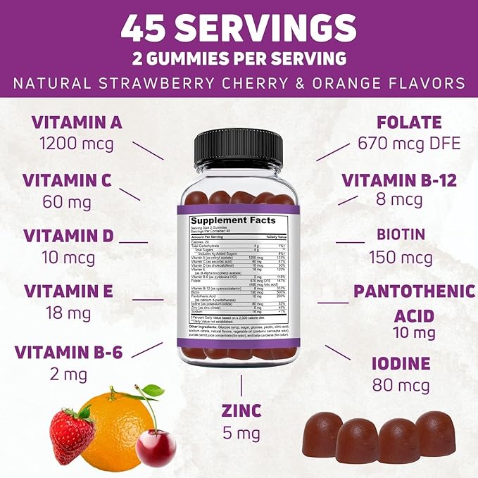Vegetarian Gummy Multivitamin for Women & Men - Daily Men & Womens Multivitamin with Vitamins: A C D E B6 B12, Biotin & Zinc - Complete Vitamin Formula - 90 Count