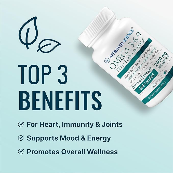 Approved Science Omega 3-6-9-2400mg Daily Blend of Fish, Flaxseed, and Borage Oils with Vitamin E - Wellness Support - Non-GMO, Mercury-Free - 120 Softgels - 2 Month Supply