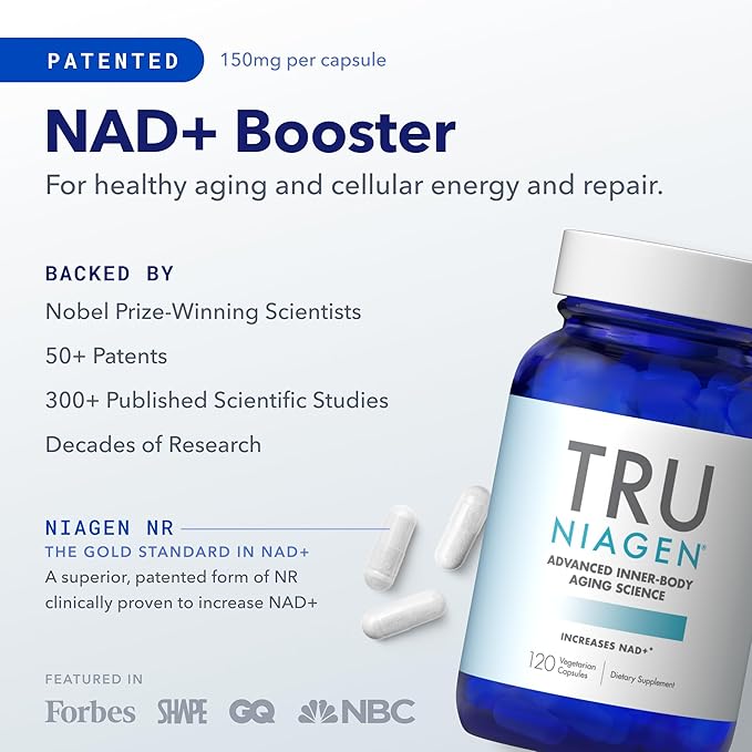 TRU NIAGEN - Patented Nicotinamide Riboside NAD+ Supplement. NR Supports Cellular Energy Metabolism & Repair, Vitality, Healthy Aging of Heart, Brain & Muscle - 60 Servings / 120 Capsules