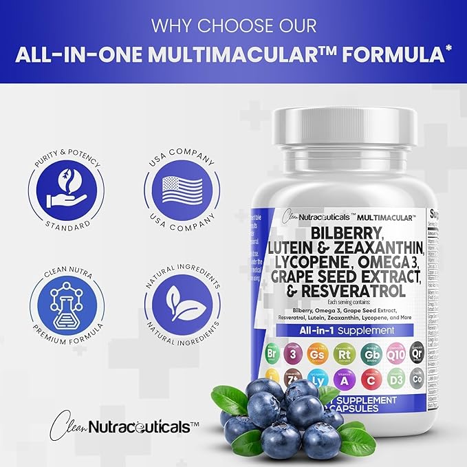 Clean Nutra Eye Vitamins with Bilberry Lutein and Zeaxanthin Supplements Lycopene 40mg Resveratrol Grape Seed Astaxanthin for Eyes - Eye Care Health Support Eye Vitamin and Mineral Supplement