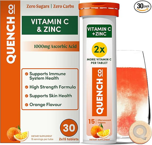 Quench Vitamin C & Zinc Effervescent Tablets - 1000mg, Sugar-Free, Immune Support Supplement, Includes Electrolytes, Orange Flavor Fizzy Drink - 30 Count