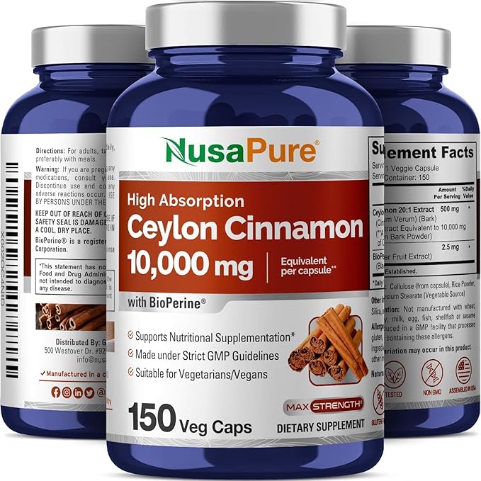NusaPure Ceylon Cinnamon 10,000mg Per Caps | 150 Veggie Capsules | Non-GMO, Vegan with Bioperine