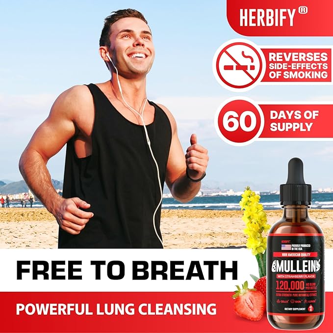 HERBIFY Mullein Drops - Lung Cleanse - Leaf Extract - Powerful Mullein for Immune Support, Detox & Respiratory Support - Made in USA - 4 Oz Strawberry Flavor