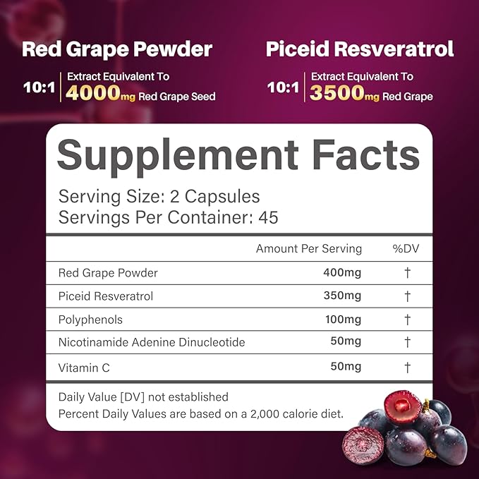 Piceid Resveratrol Supplement and NAD+ Cell Regenerator, Nitric Oxide Supplement, Support Heart Health, Blood Flow, Cellular Energy Production & Metabolism, Red Grape Powder, 45 Day Supply