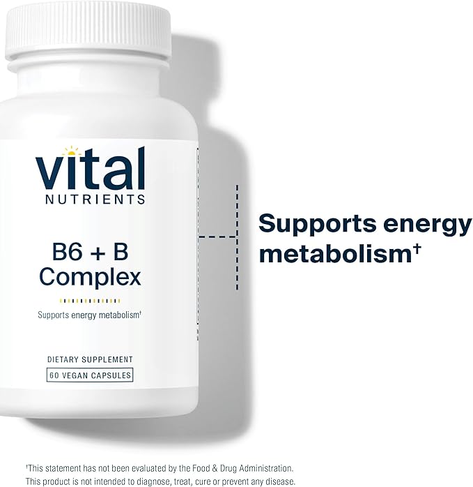 Vital Nutrients Vitamin B6 + B Complex | Vegan Methylated B Vitamins for Energy, Metabolism, Heart Health* | High-Potency Vitamin B6 for Menstrual Discomfort * | Gluten, Dairy, Soy Free | 60 Capsules