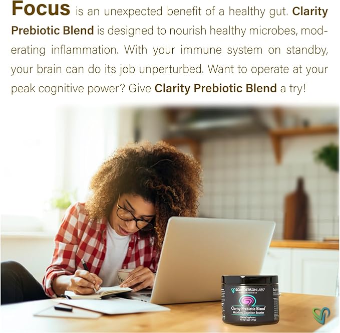 Clarity Prebiotic Blend – Optimize Gut and Mood via The Gut-Brain axis – one Month Supply – Easy to use, one Scoop mixes with Liquid or Food – Vegan, Soy-Free, Gluten-Free, Non-GMO