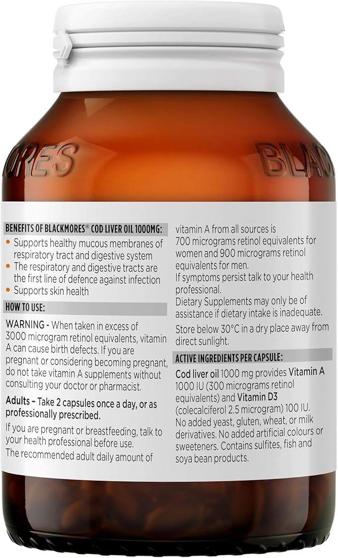 Blackmores Cod Liver Oil 1000 mg 80 Capsules, Vitamin A + Vitamin D + Omega-3, Made in Australia