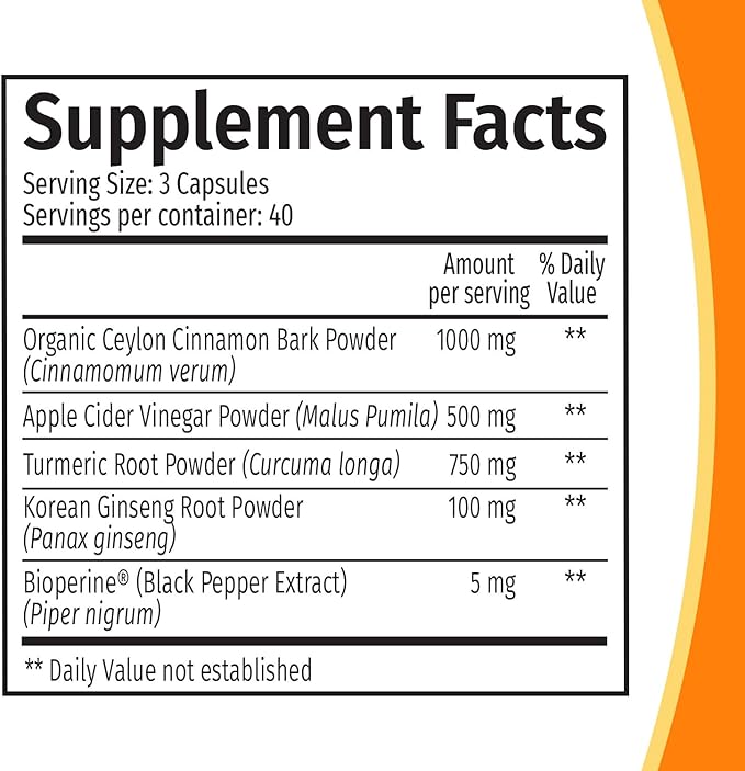 5-in-1 Ceylon Cinnamon Capsules 2355mg - Ceylon Cinnamon and Apple Cider Vinegar Capsules - Turmeric and Panax Ginseng Capsules - Cinnamon Supplements with Bioperine (120ct, Pack of 3)