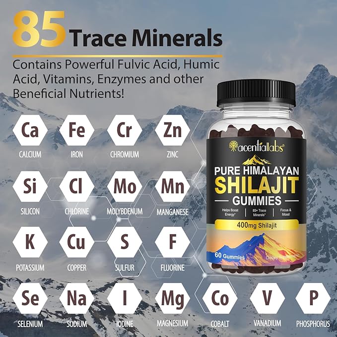 Pure Himalayan Shilajit Gummies for Men & Women, Rich in 85+ Micronutrients, 100% Natural & Organic Shilajit Gummies Shilajit for Men, Energy, Brain, Immunity Boost, No Added Sugar Non-GMO, 60 Count