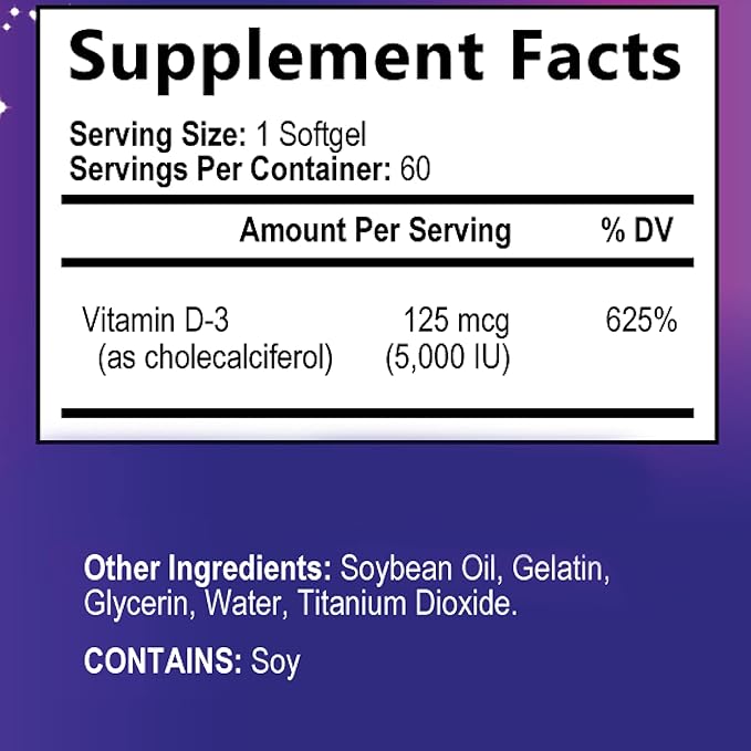 Vitamin D3 High Potency 5000 IU (125 mcg), Bone, Teeth, Muscle & Immune Health Support, Non-GMO, Gluten-Free, 2 Month Supply in Rapid-Release High Absorption Vitamin D, Easy to Swallow, 60 Softgels