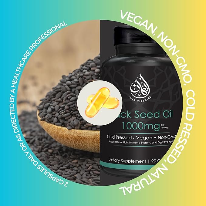 Halal Natural Black Seed Oil Capsules 1000mg Cold Pressed, Vegan, Non-GMO Nigella Sativa Capsules, Gluten Free Pills | 90 Count, 1000mg PS