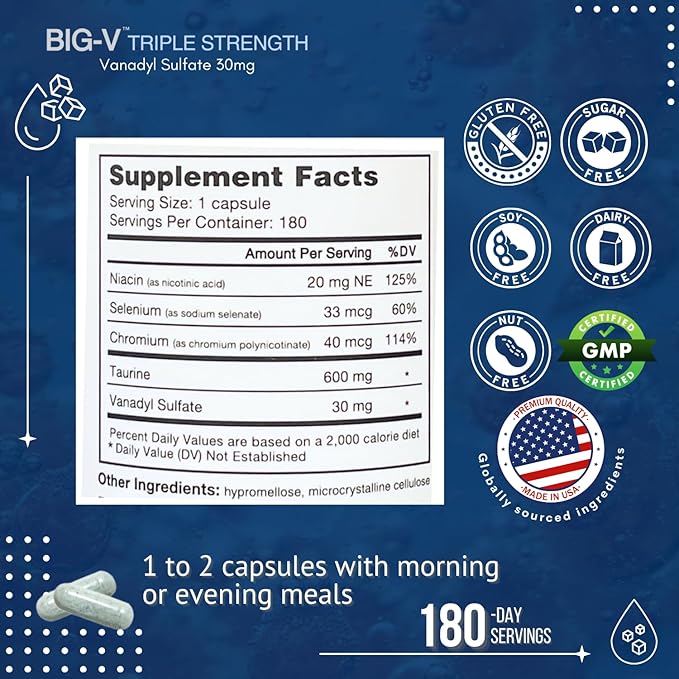 Big-V Triple Strength Vanadyl Supplement: Vanadyl Sulfate 30 mg, Taurine 600 mg, Selenium, Chromium and Niacin, Blended Mineral Supplement, 180 Capsules (180 Servings)
