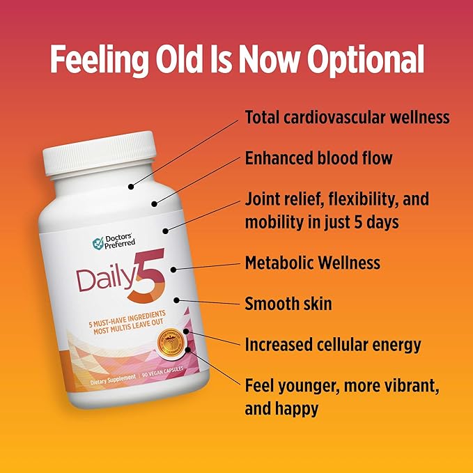 DOCTORS' PREFERRED Daily5 with Must-Have Clinically Validated Ingredients That Cover The Vital Areas for Good Health and Living Younger—Heart, Joints, Circulation, 90 Vegan Capsules