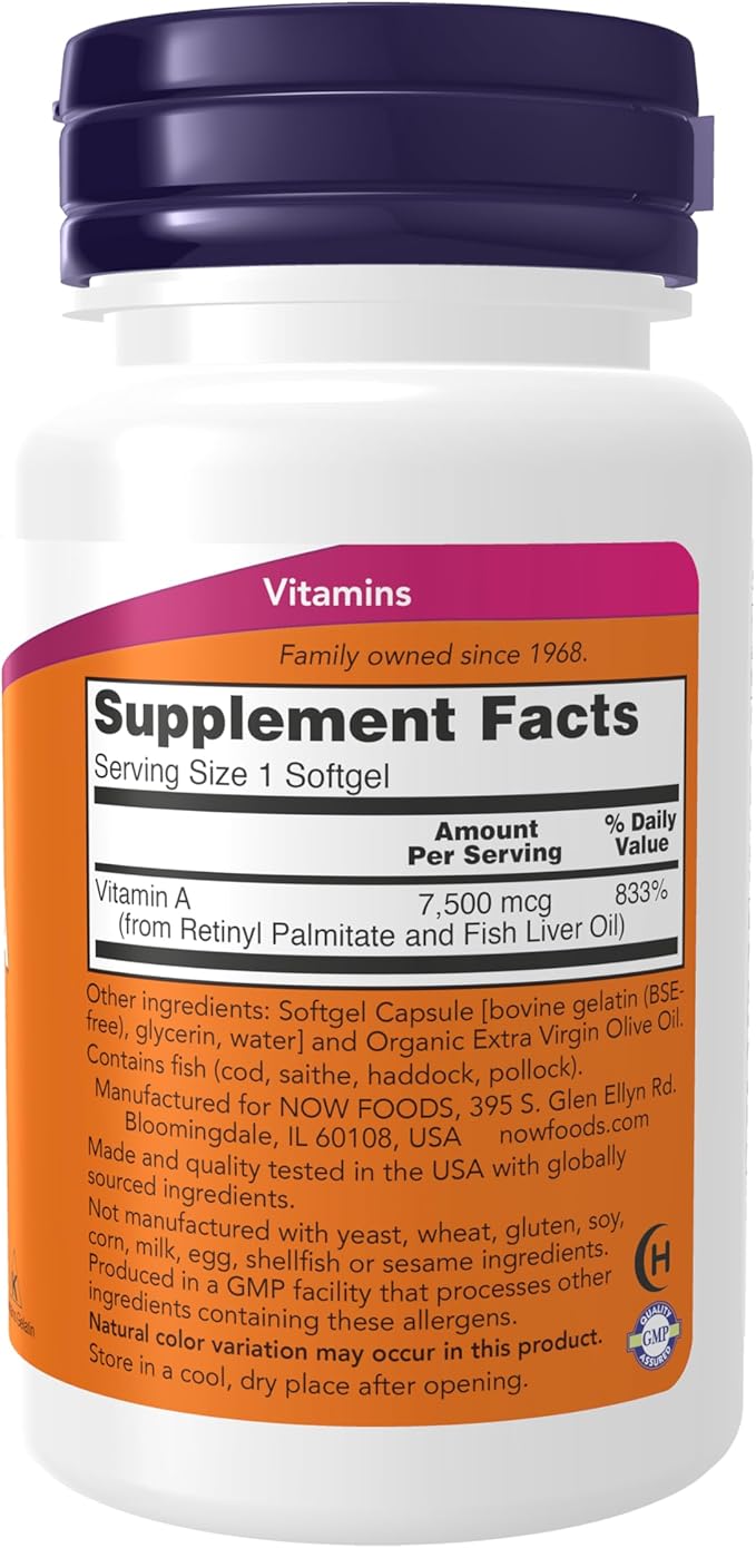 NOW Supplements, Vitamin A (Fish Liver Oil) 25,000 IU, Essential Nutrition, 100 Softgels