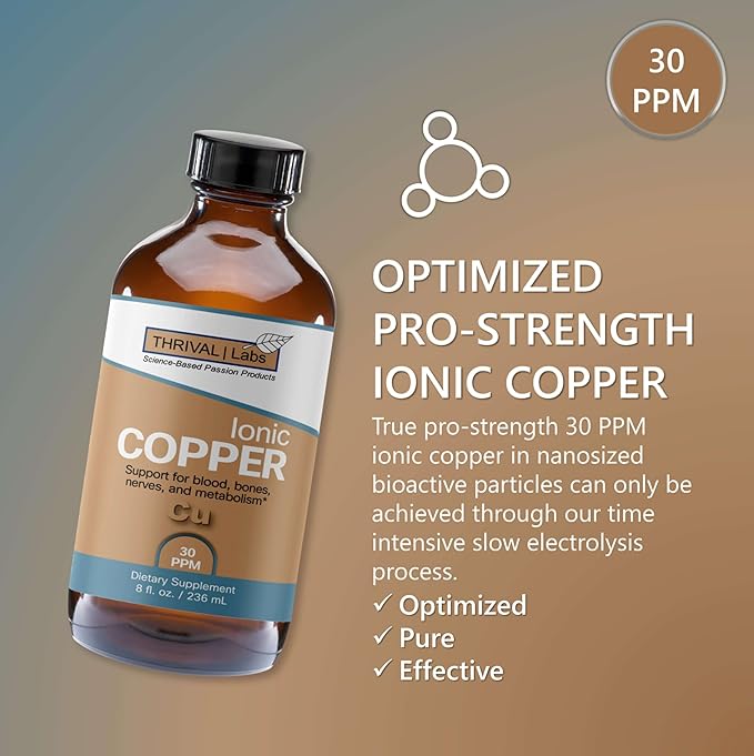 Ionic Colloidal Copper Liquid (30 PPM) | Mental Clarity & Nerve Function | Hair, Skin, Nails & Collagen | Red Blood Cells & Energy Production | Cholesterol Levels & Blood Pressure (4oz Dropper)