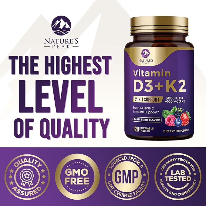 Vitamin D3 5000 iu Plus K2 (MK-7) 100 mcg - 2 in 1 Vitamins D & K Complex - Supports Calcium Absorption, Bone, Immune, & Heart Health – Made in the USA, Non-GMO, Easy to Swallow, 120 Chewable Tablets
