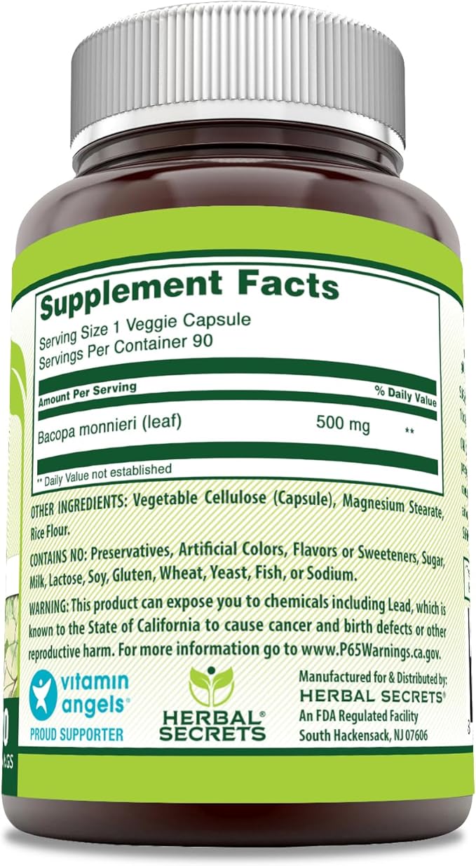 Herbal Secrets Bacopa Powder 500 Mg 90 Veggie Capsules Supplement | Non-GMO | Gluten Free | Made in USA
