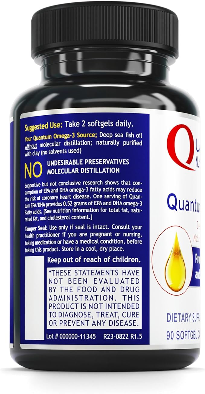 Quantum Nutrition Labs EPA DHA Fish Oil Softgels - Omega 3 Fish Oil, Omega 3 Supplement, EPA DHA, Omega 3 Fatty Acids Supplements for Women & Men, Natural - 90 Softgel Capsules