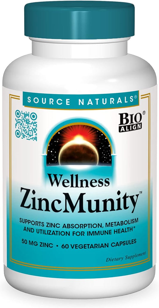 Source Naturals Wellness ZincMunity, Supports Zinc Absorption, Metabolism and Utilization for Immune Heath*, 50 mg Zinc - 60 Vegetarian Capsules