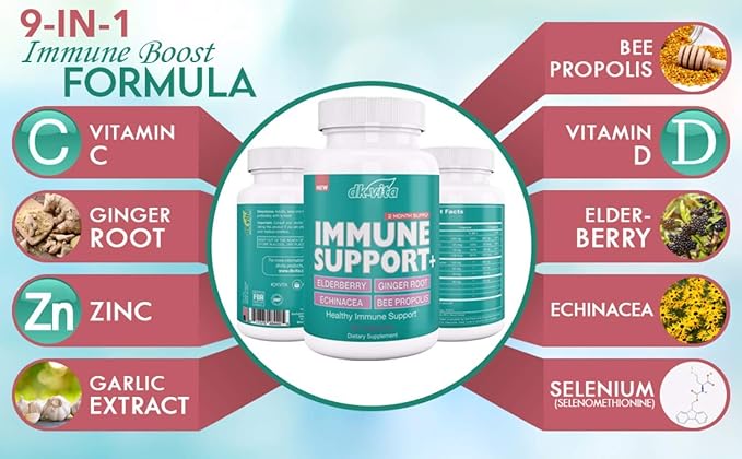 DK Vita 9 in 1 Immune Support Supplement - Elderberry, Zinc, Vitamin C, Echinacea, Goldenseal, Ginger Root, Bee Propolis, Garlic Extract - Two Month Supply - 60 Capsules