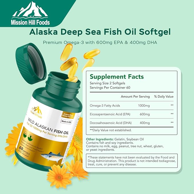 Omega-3 Wild Alaskan Fish Oil (1000mg) | Supports Heart, Brain & Joint Health (1 Bottle-60 Softgels-2mo Supply) | High EPA & DHA | Non-GMO & Gluten Free