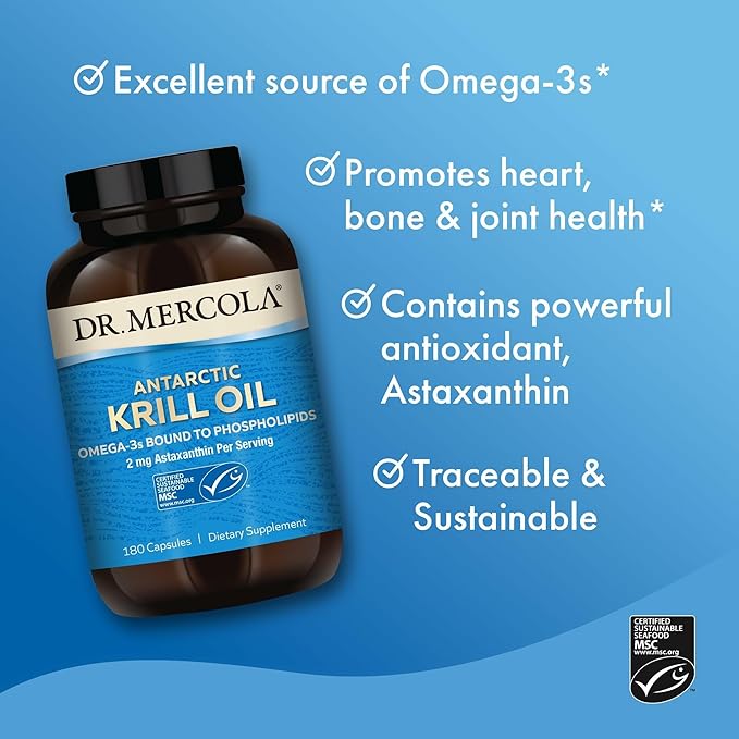 Dr. Mercola Antarctic Krill Oil - 1,000 mg - Omega-3 Supplement with EPA & DHA - Supports Brain, Heart, Joint & Immune Health - GMO-Free, Gluten-Free & Soy-Free - 180 Capsules (90 Servings)