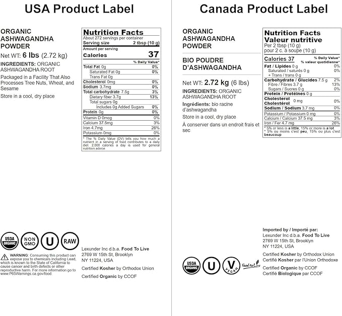 Food to Live Organic Ashwagandha Root Powder, 6 Pounds - Non-GMO, Finely Ground Indian Ginseng, Pure, Raw, Vegan. Easy to Mix. Adaptogenic Herb.